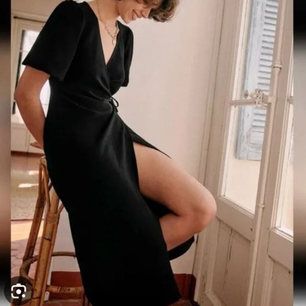 *NEW Sezane Diane Wrap Midi Dress Black Size 2